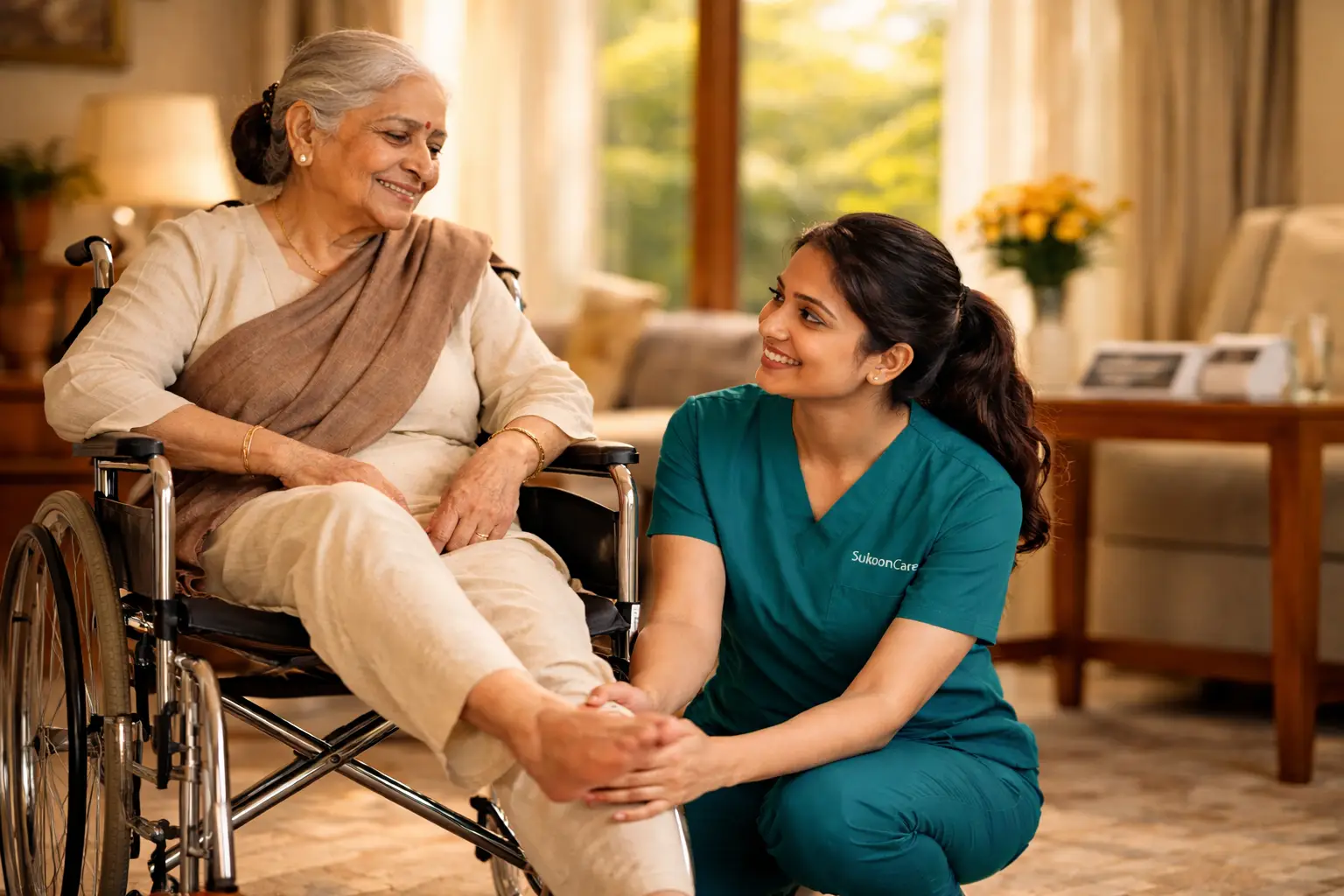 Trained SukoonCare caregiver providing elder care and senior citizen home care service in Ranchi Jharkhand