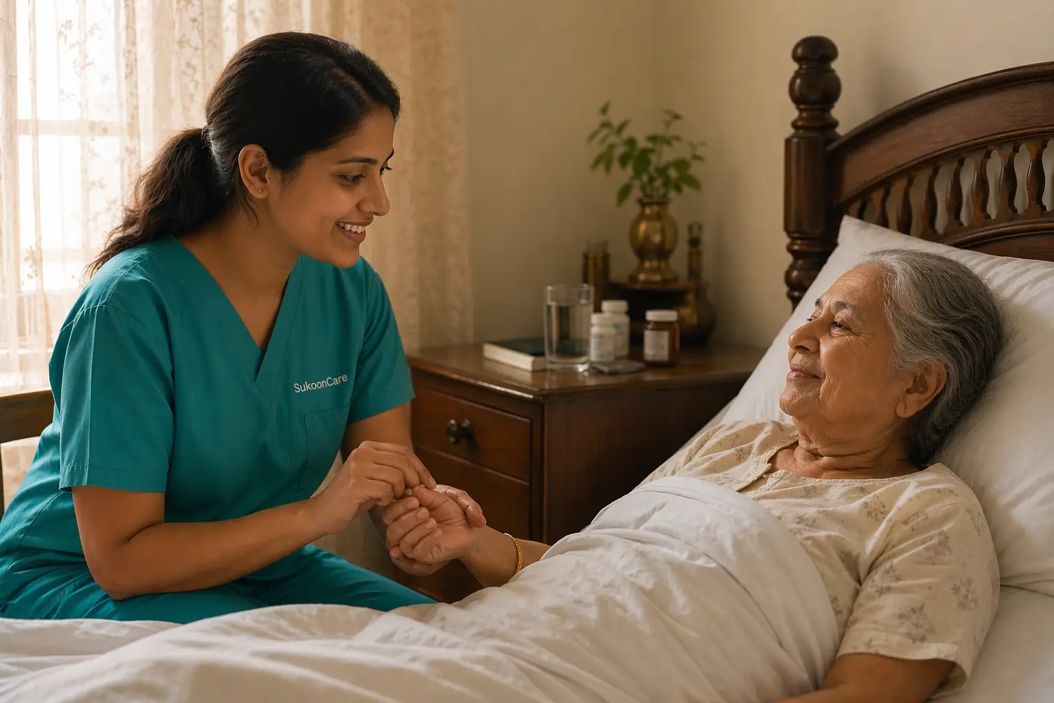 Trained home nurse and caretaker providing professional patient care at home in Dhanbad Jharkhand — SukoonCare