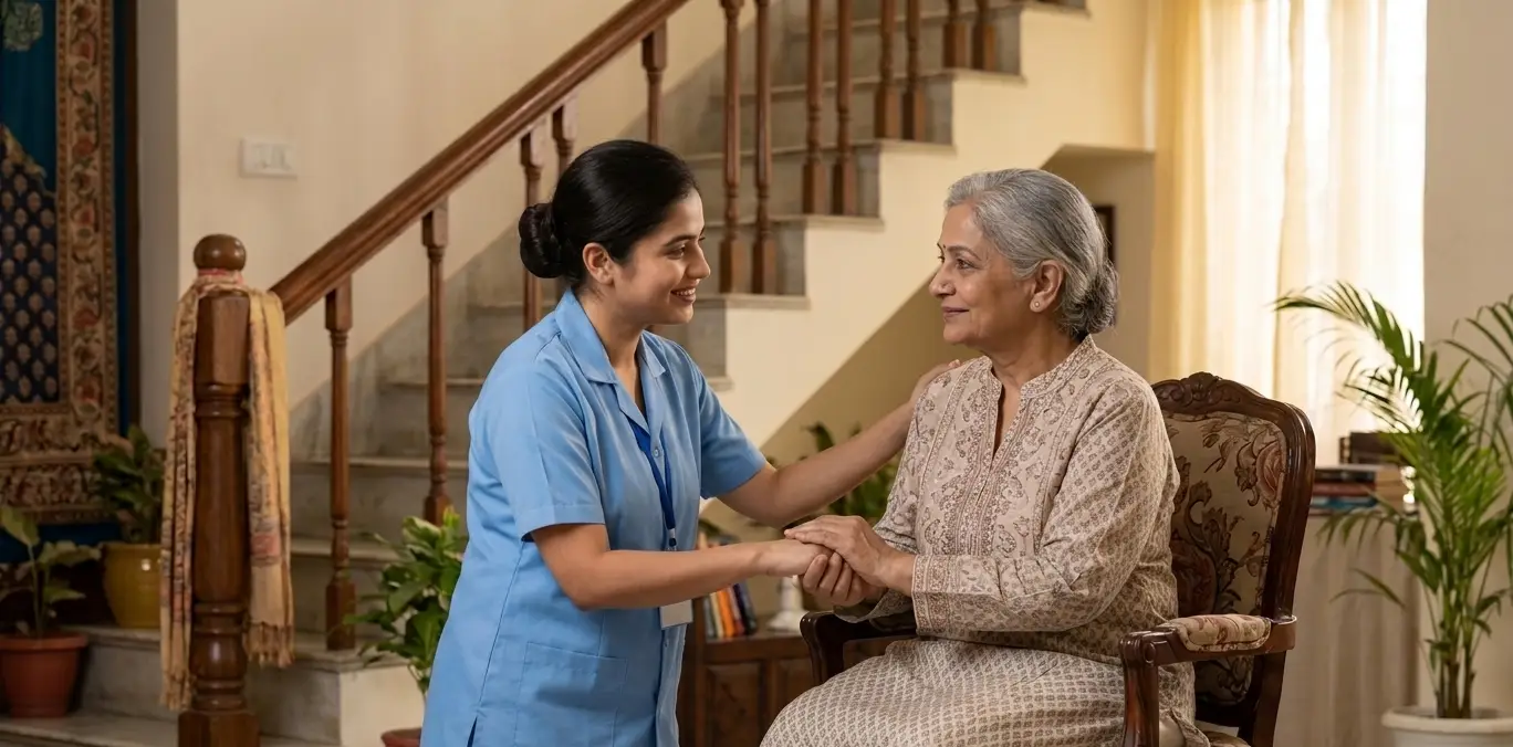 SukoonCare trained caregiver providing elder care for senior citizen at home in Dhanbad Jharkhand