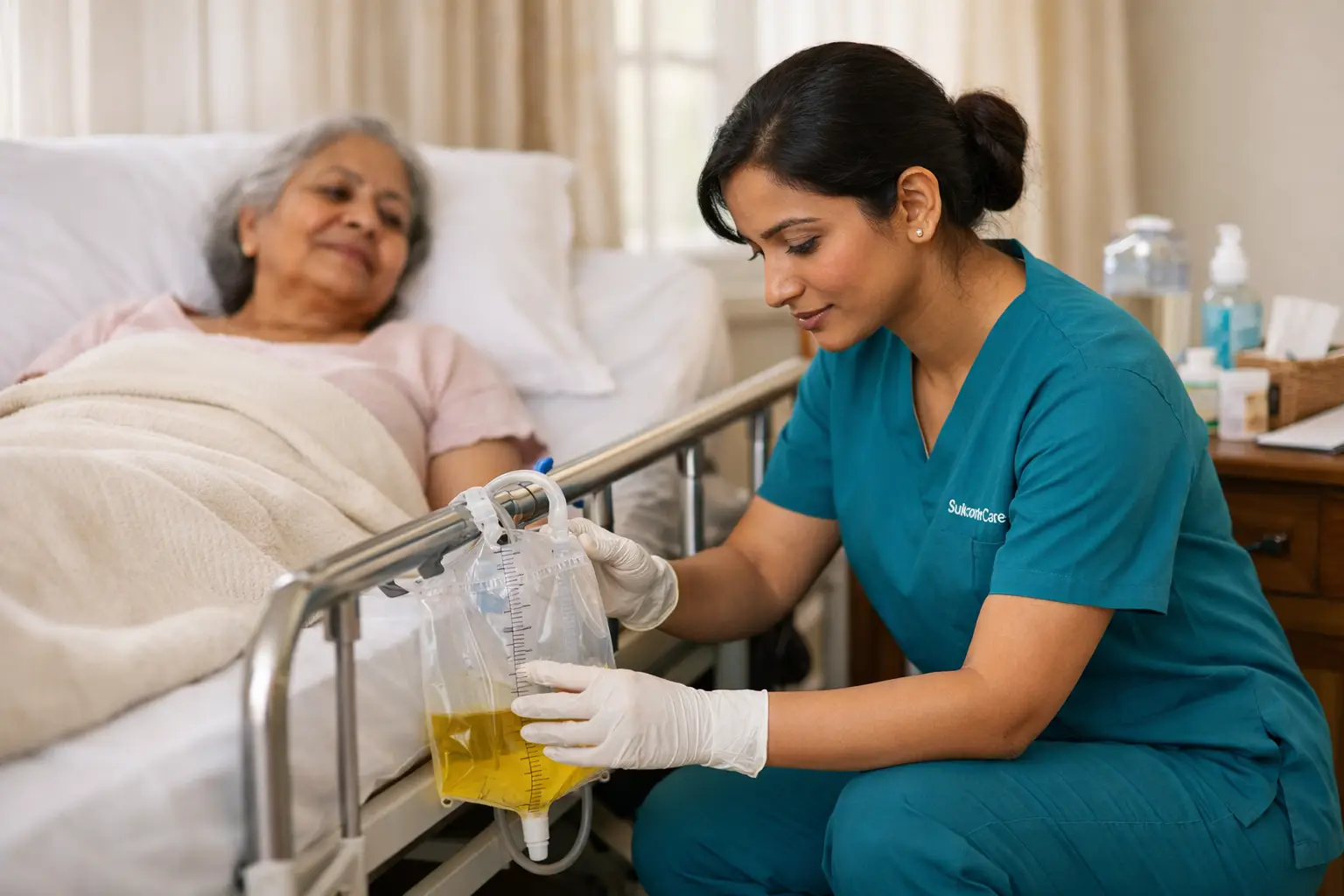 SukoonCare patient home care attendant managing catheter and urine bag care for post-surgery patient in Jharkhand