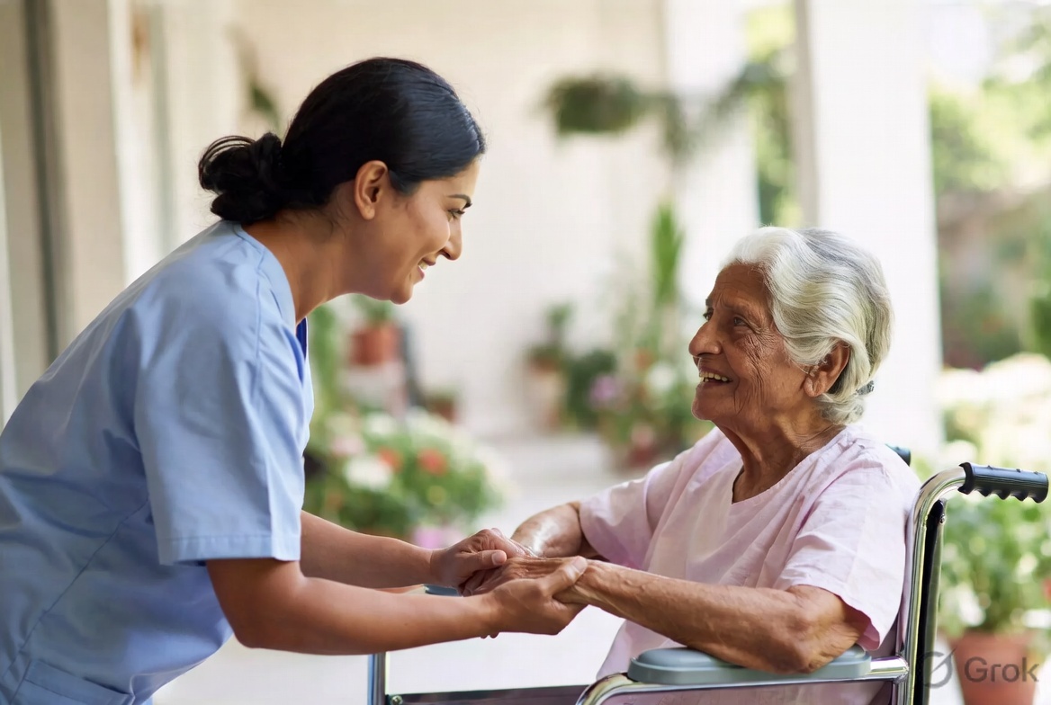 Professional SukoonCare female patient care attendant in teal uniform with SukoonCare logo near chest, providing compassionate elder care at home in Jharkhand