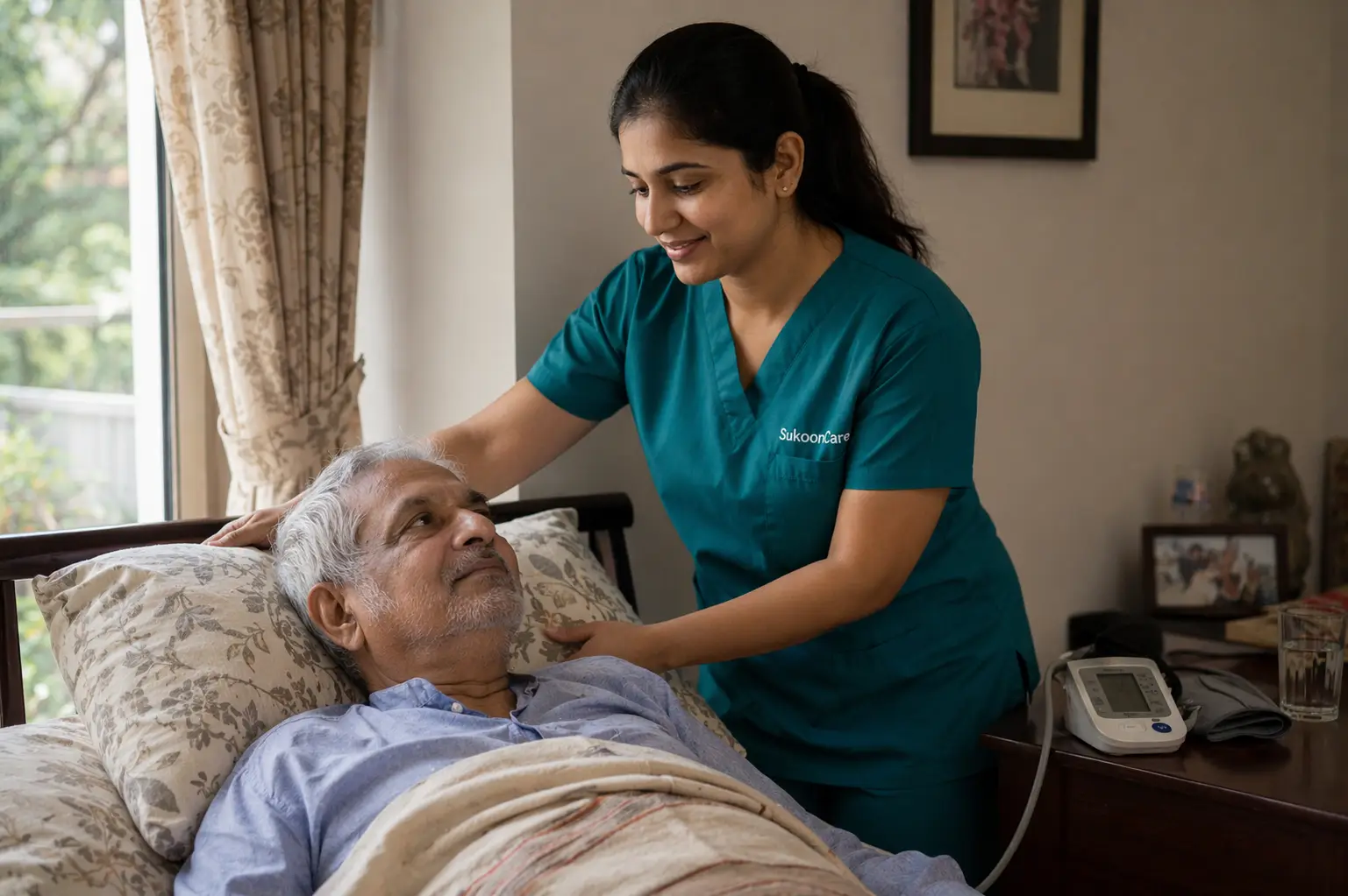 SukoonCare professional caregiver providing dedicated patient care at home in Jharkhand — trained and verified