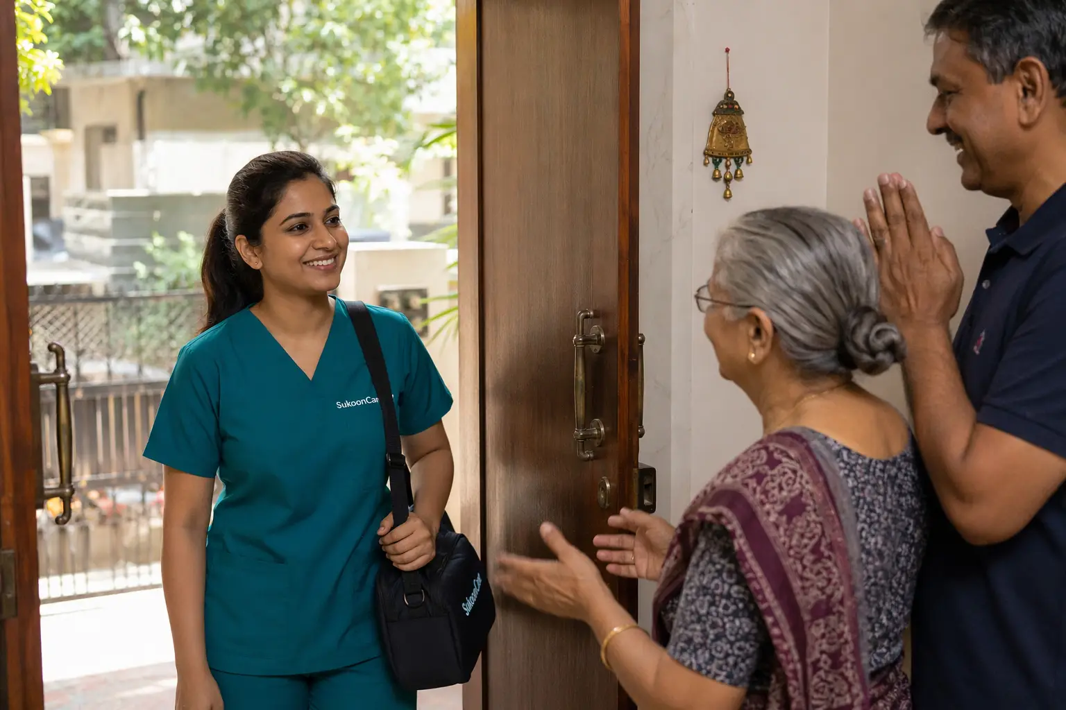 SukoonCare trained caregiver providing home care service to patient at home in Jharkhand — professional and compassionate