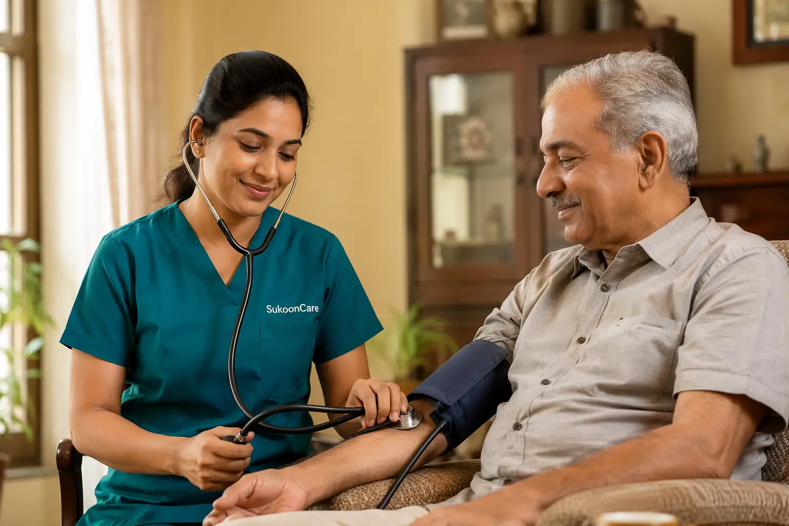 SukoonCare trained patient care attendant providing professional home nursing for bedridden patient in Dhanbad Jharkhand
