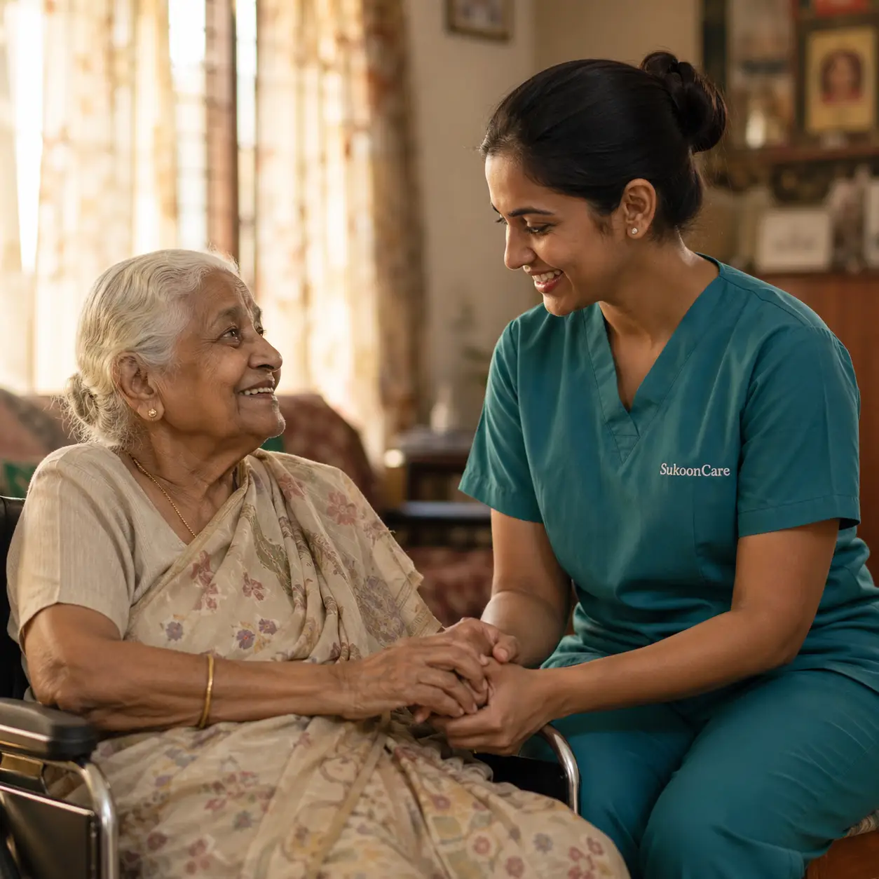 Elderly home care caregiver with grandmother in wheelchair — SukoonCare Patna Bihar