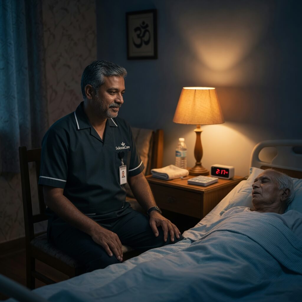 SukoonCare male patient attendant in uniform monitoring elderly patient at home in Giridih Jharkhand — 24-hour professional care