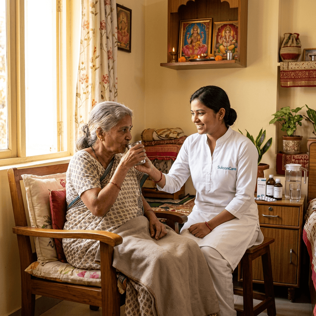 SukoonCare female caregiver with SukoonCare uniform assisting elderly woman with daily care at home in Giridih district Jharkhand