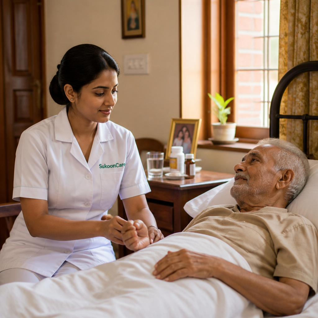 Trained SukoonCare home nurse in uniform providing professional patient care at home in Giridih Jharkhand
