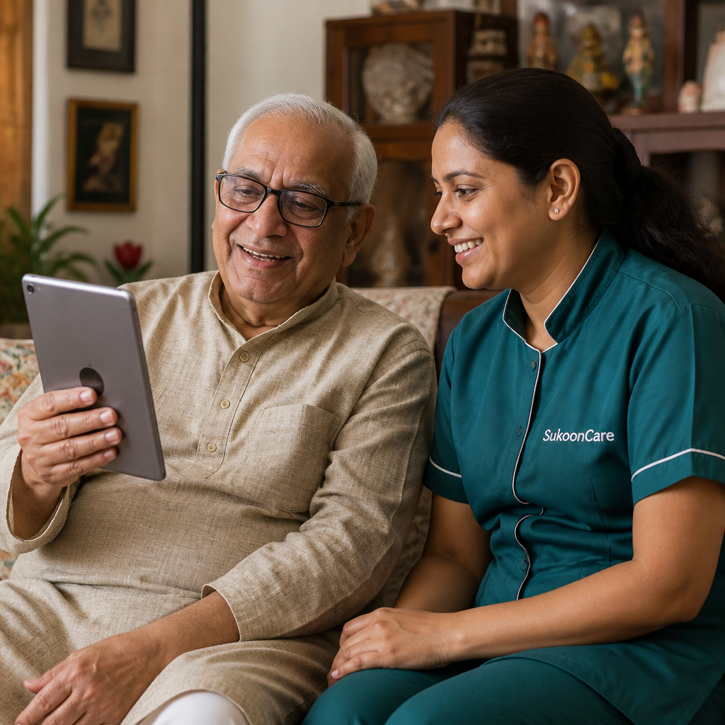 Elderly parent video calling NRI child while SukoonCare caregiver provides home care support in Jharkhand Bihar