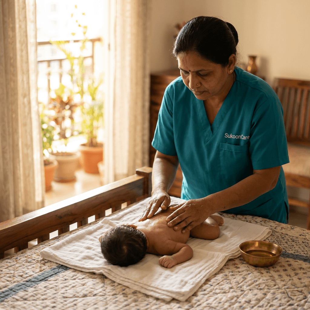 SukoonCare japa maid in uniform performing traditional warm oil massage on a newborn baby at home – postnatal care in Jharkhand and Bihar
