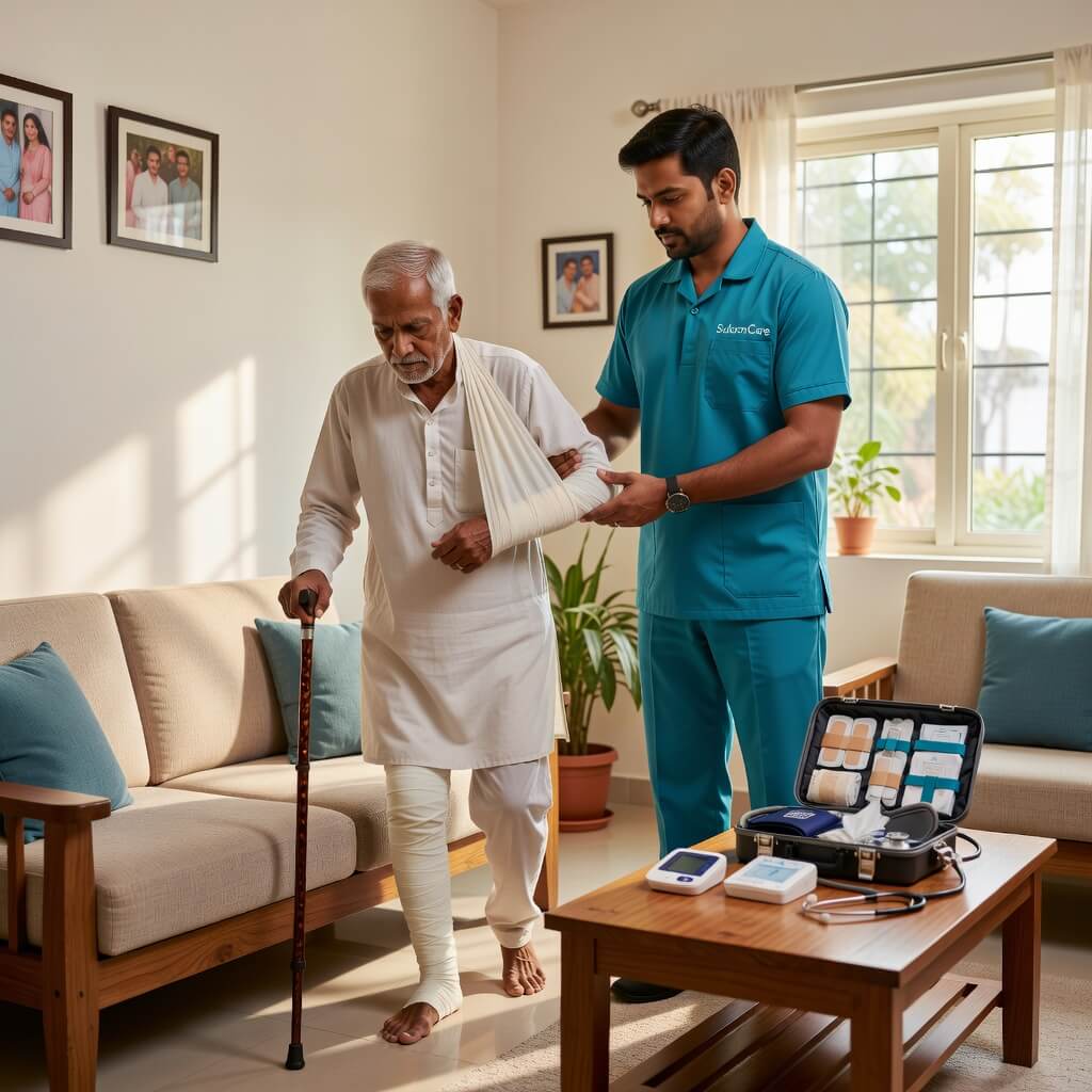 SukoonCare trained caregiver assisting post-surgery patient recovery at home in Jharkhand and Bihar