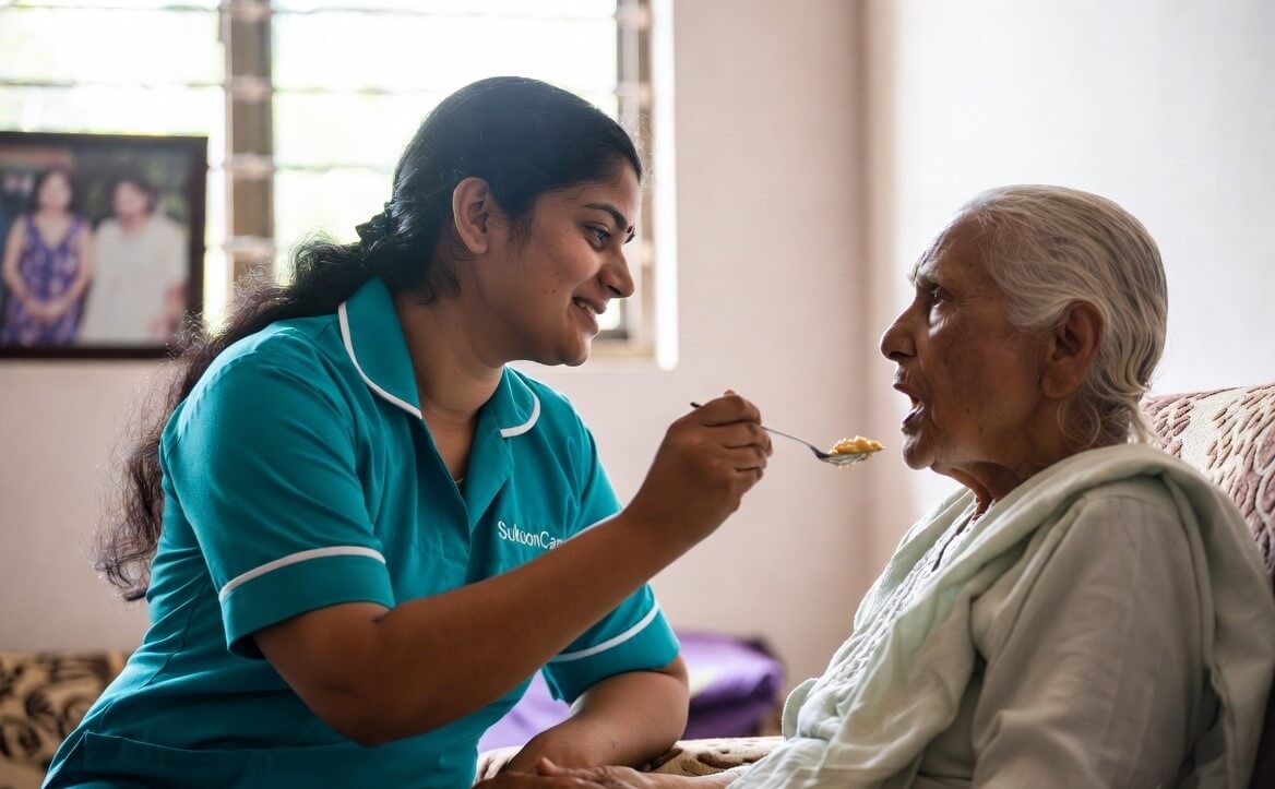 SukoonCare female caregiver in teal uniform with SukoonCare name on chest, gently feeding an elderly patient at home in Ranchi, Jharkhand