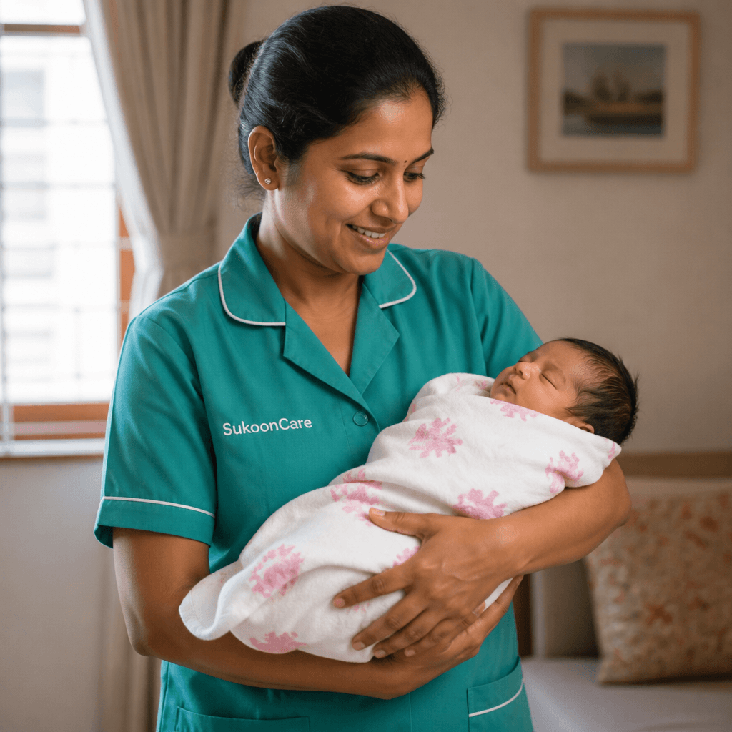 Trained SukoonCare japa maid in teal uniform gently holding and caring for a newborn baby at home in Dhanbad, Jharkhand