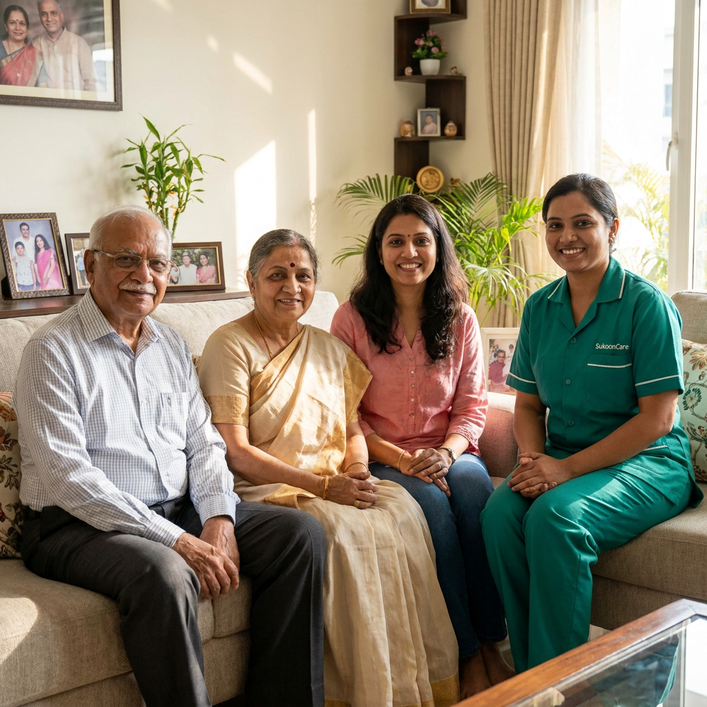 Happy Indian family with SukoonCare elder care caregiver at home in Jharkhand — trusted by 500 plus families