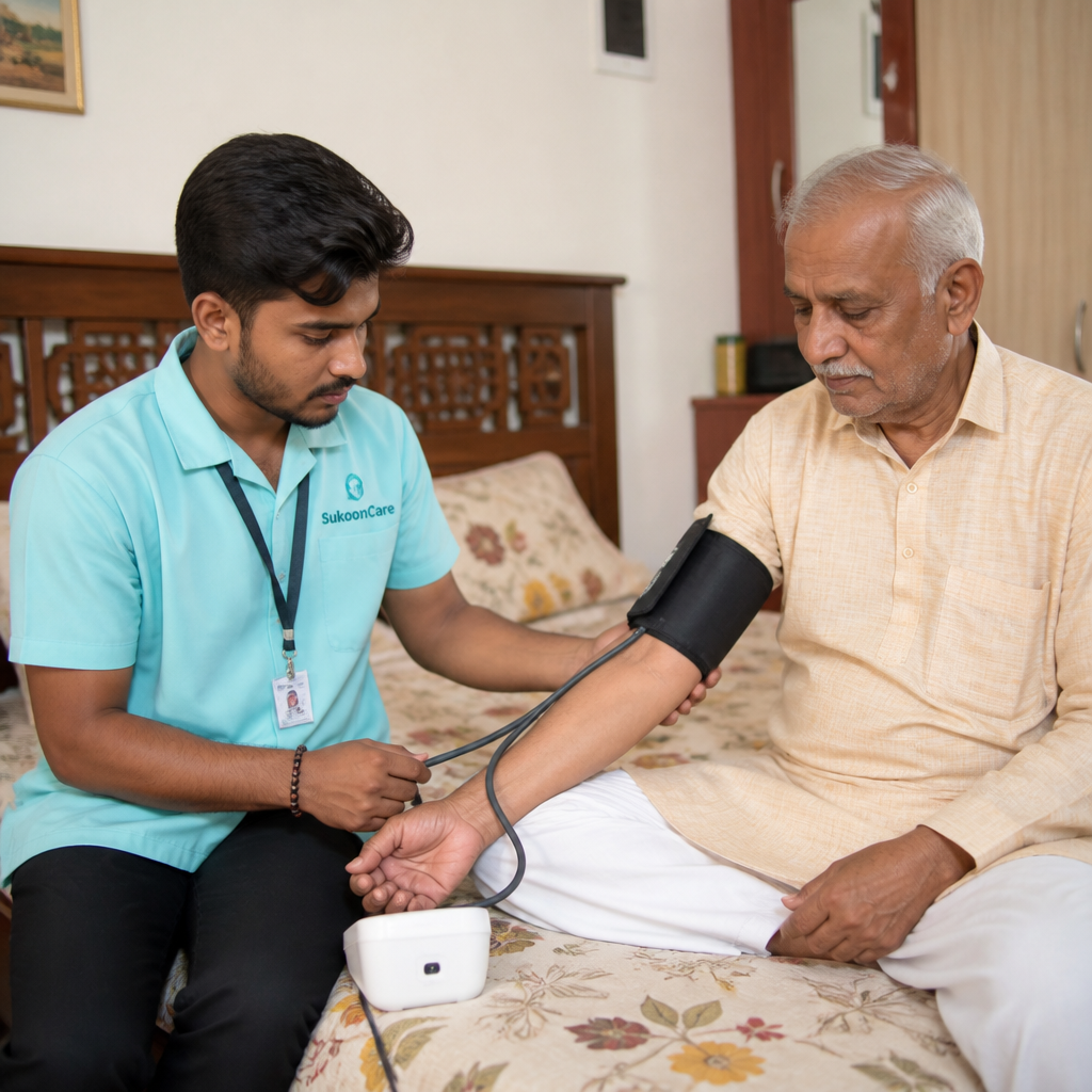 Trained caretaker providing elder care to senior citizen at home in Deoghar Jharkhand – SukoonCare patient attendant
