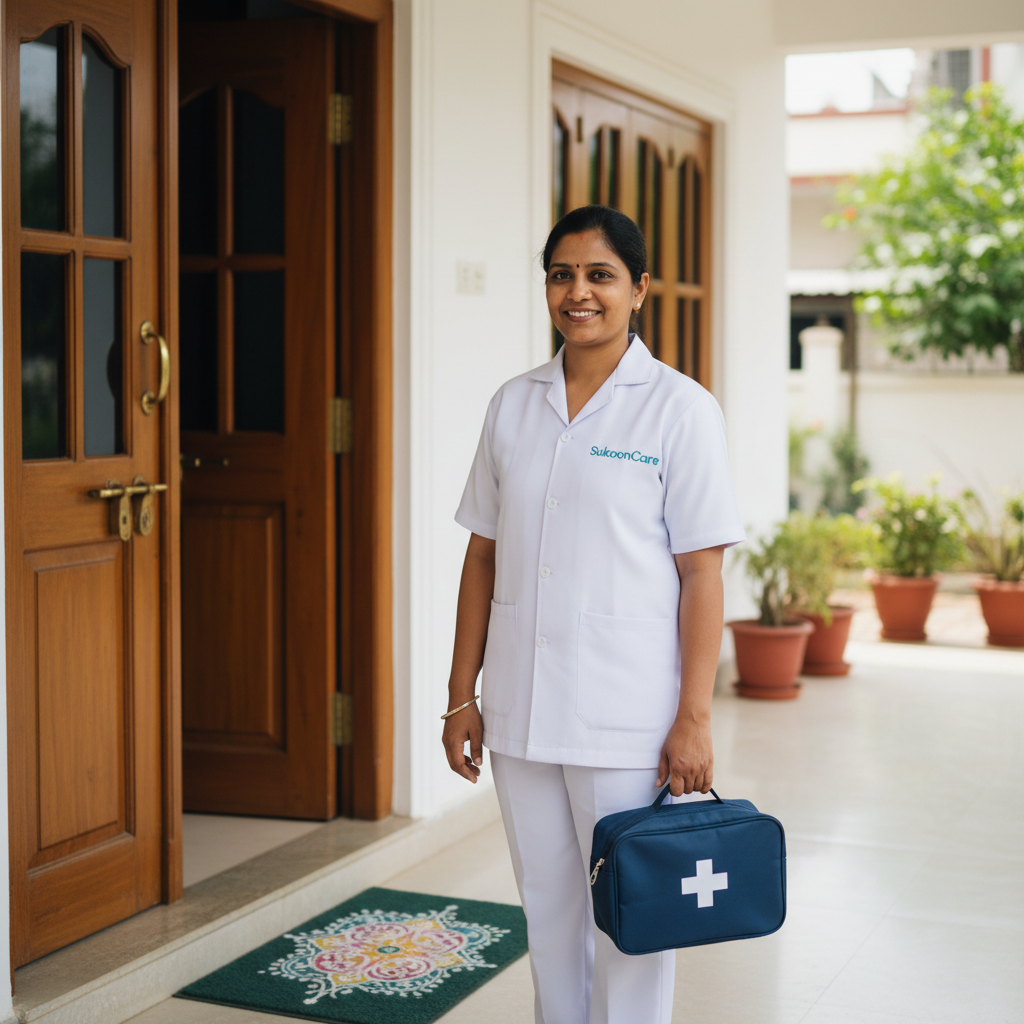 Home nurse and caretaker in Deoghar Baba Dham Jharkhand – SukoonCare trained female caregiver at patient home
