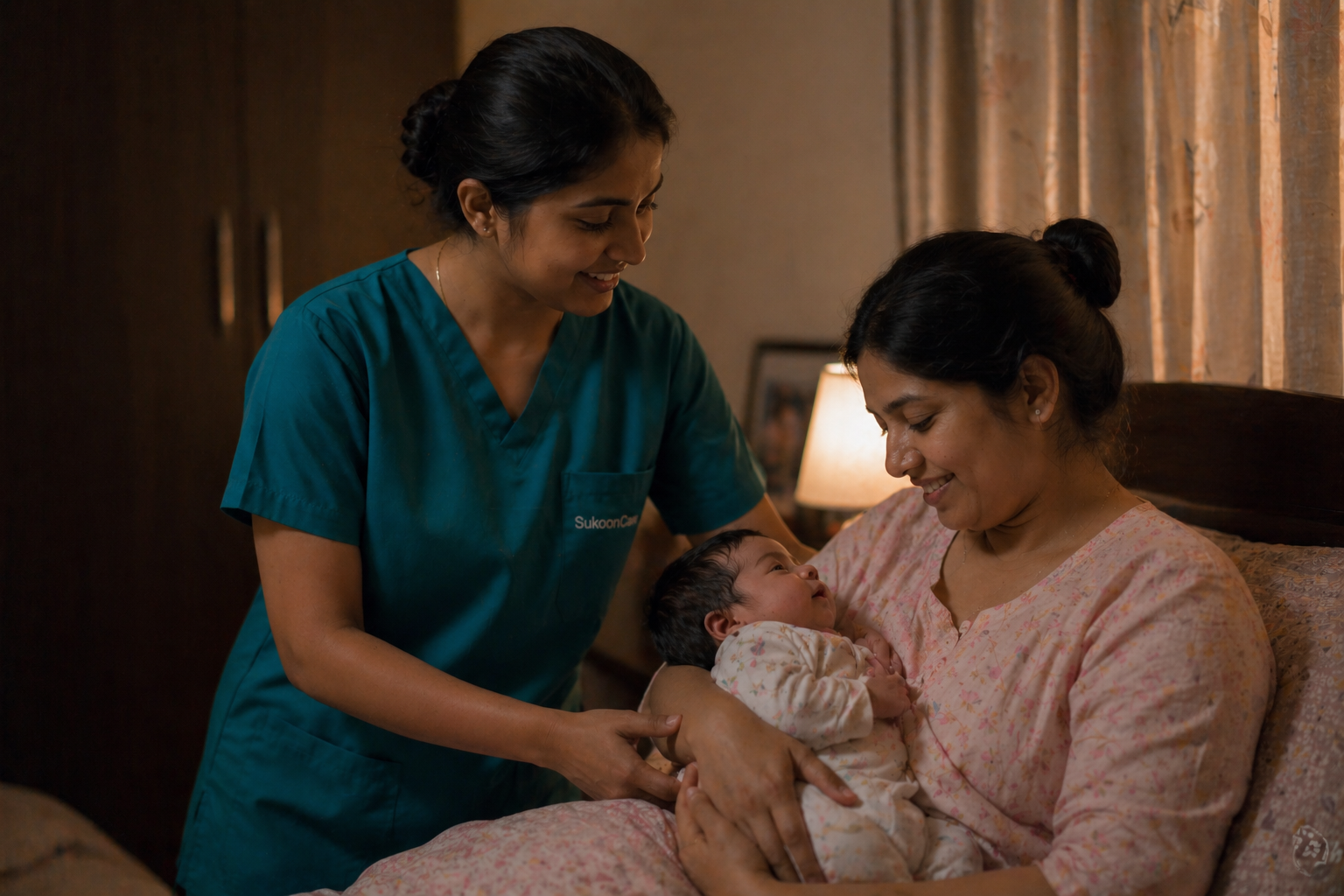 SukoonCare japa maid providing mother and newborn care after delivery in Dhanbad — night duty and day shift available