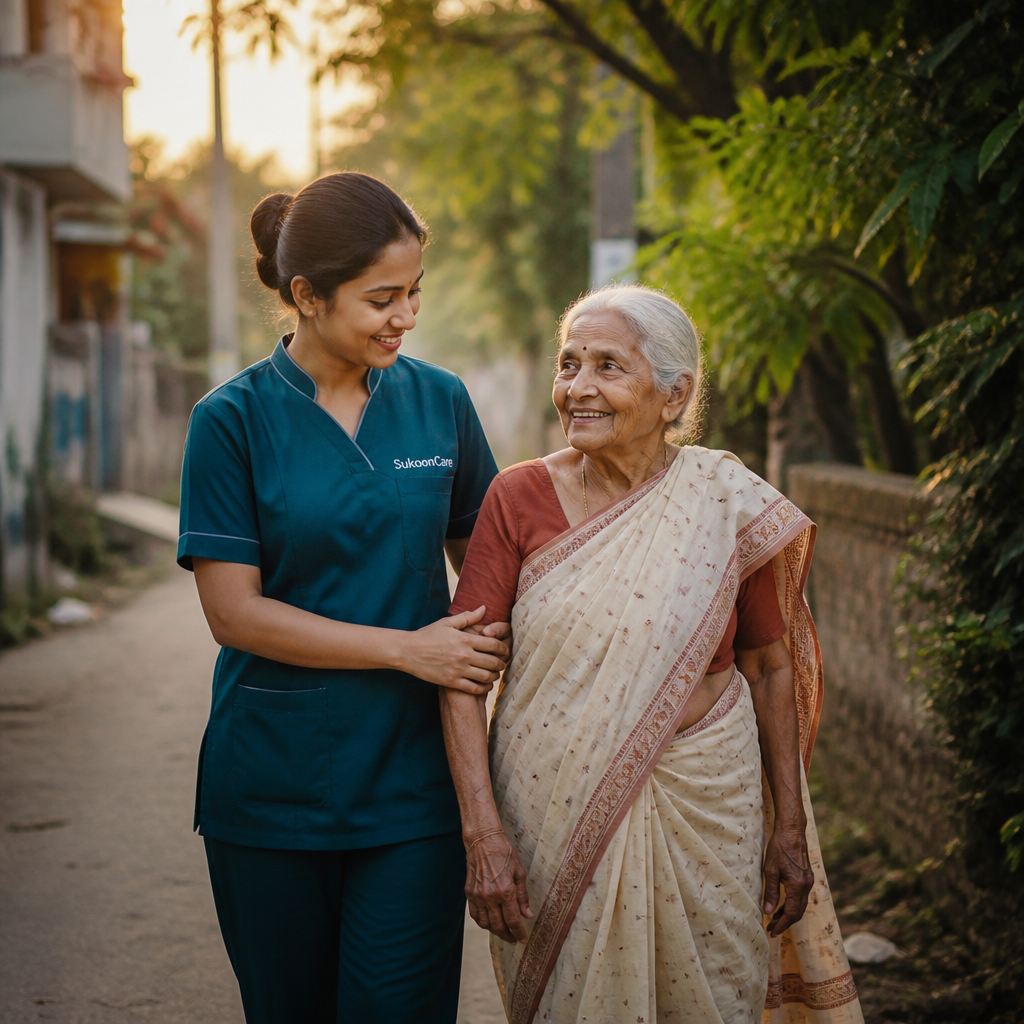 SukoonCare caregiver walking with elderly woman in Deoghar Jharkhand – professional home care attendant Baba Dham