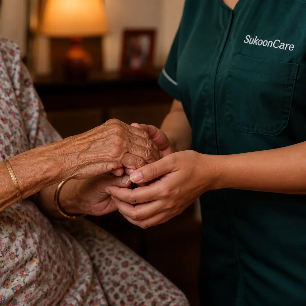 SukoonCare caregiver gently holding hands of elderly woman — compassionate elder care at home in Jharkhand