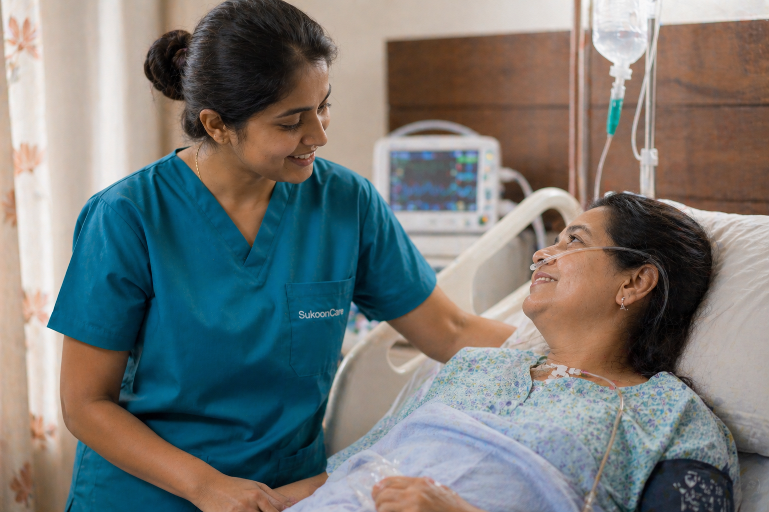 SukoonCare trained ICU critical care attendant monitoring serious patient at home in Jharkhand and Bihar